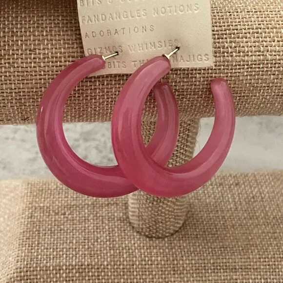 NWT Anthropologie Pink Cat's Eye Stone Pierced Hoop Earrings 1.70" Diameter - Picture 5 of 8